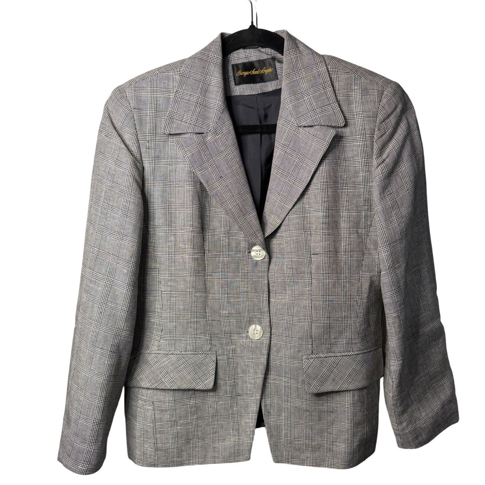 VTG Giorgio Sant'Angelo Blazer Women 10 Grey Plaid Linen Blend Office Career 90s